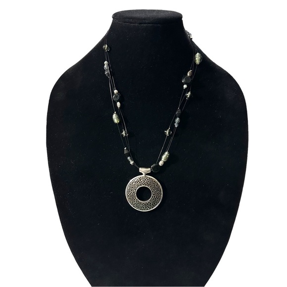 Signed Chicos 3 Strand Glass & 925 Bead Round Leather Inset Pendant Necklace 22” - Picture 1 of 16